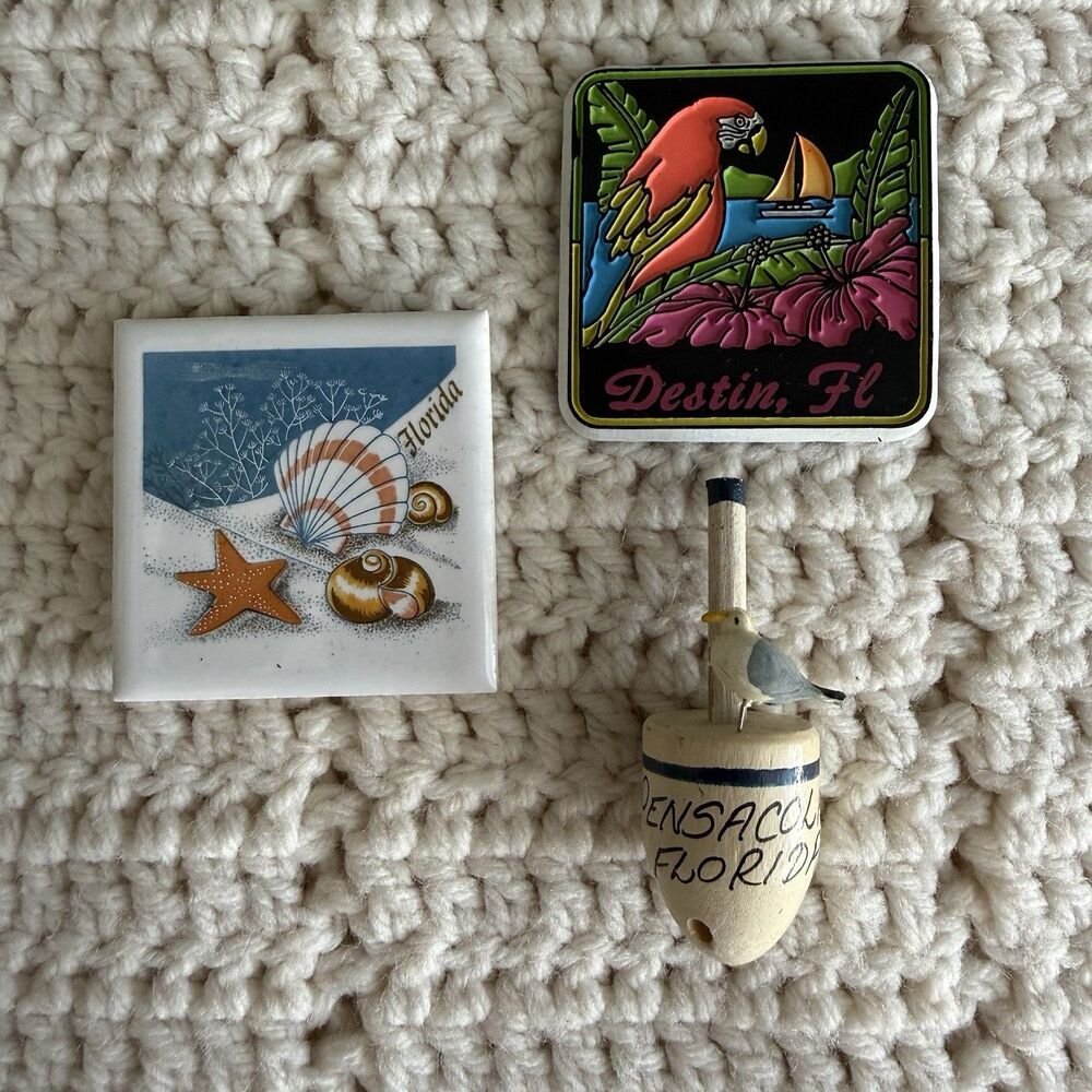 Vintage Florida Lot of 3 Souvenir Magnets Ceramic Rubber Wood Destin Sarasota